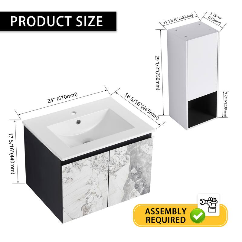 24" Wall-Mounted Bathroom Vanity with Ceramic Sink and Soft-Close Doors, Side Cabinet for Extra Storage