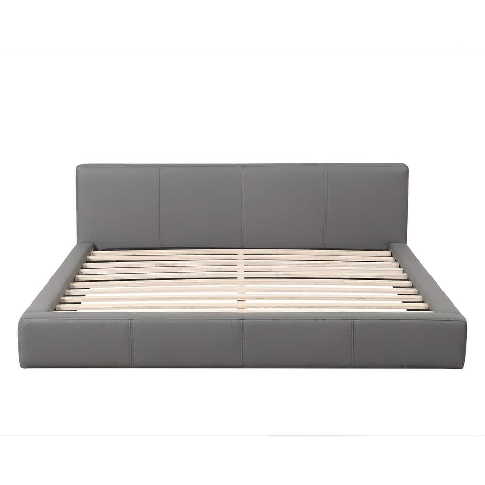 Faux Leather Upholstered Floor Bed Frame with Wood Slats Support