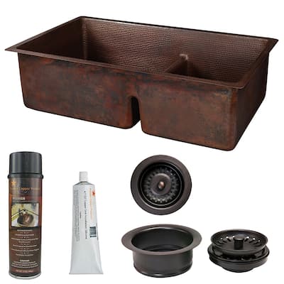 33-in Hammered Copper Kitchen 60/40 Double Basin Sink with Short 5-in Divider w/ Accessories (KSP3_K60DB33199-SD5)
