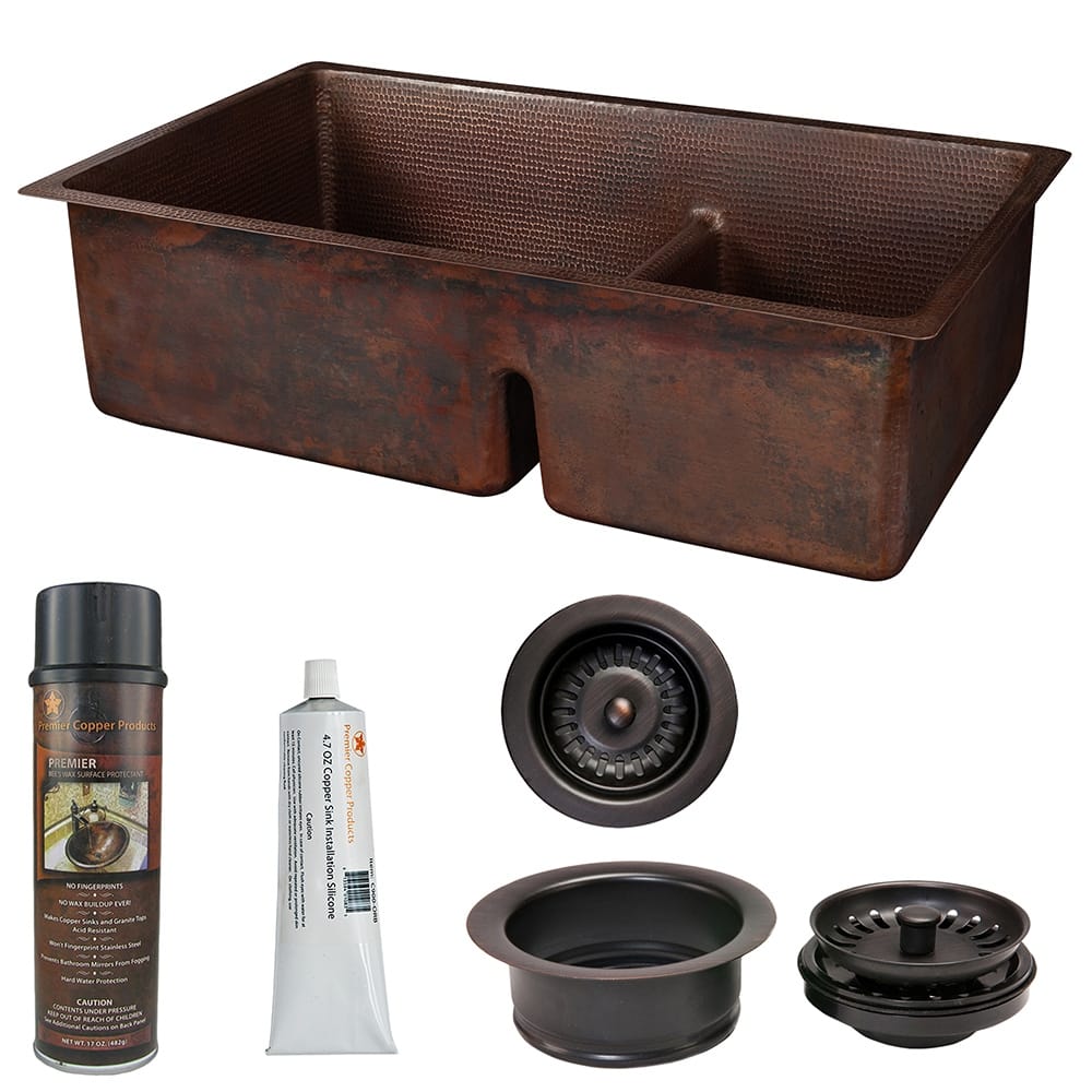 33-in Hammered Copper Kitchen 60/40 Double Basin Sink with Short 5-in Divider w/ Accessories (KSP3_K60DB33199-SD5)
