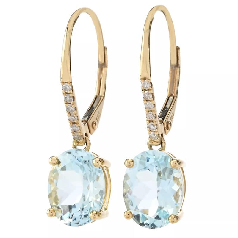 14KT Yellow Gold Aquamarine, Diamond Gemstone Dangle Earrings