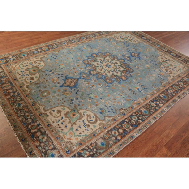 Blue Medallion Tabriz Persian Area Rug Handmade Oriental Wool Carpet - 6'5"x 9'5"