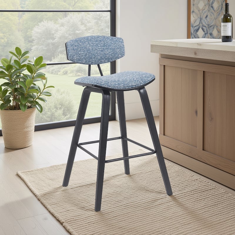 Fox Mid-Century Bar Stool, Upholstered Counter Height Chair with Bentwood Legs - Speckled Blue & Black - Bar Height