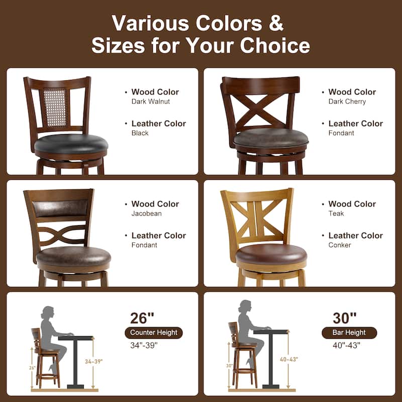 26"/30" Counter Height Bar Stools, Kitchen Wooden Swivel Bar Chairs with Back