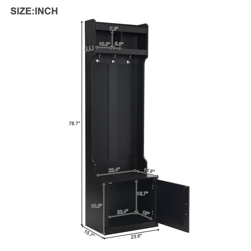 Minimalist Slim Hall Tree with Cabinet & 6 Hanging Hooks