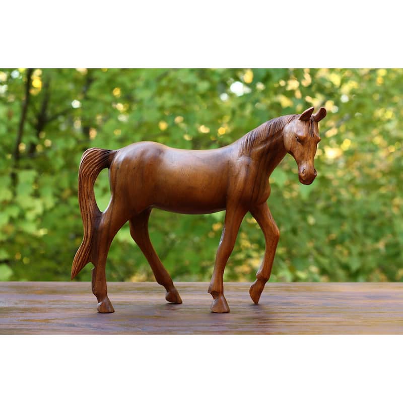 12" Large Wooden Hand Carved Walking Horse Art Figurine Statue Sculpture Handcrafted Handmade Home Decor Accent Decoration