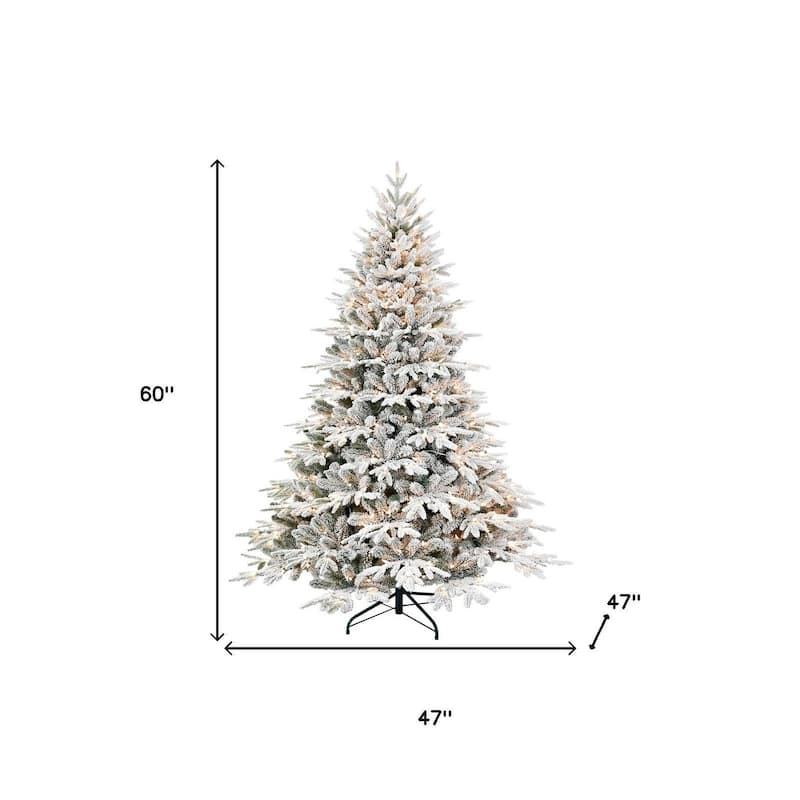 HomeRoots 5' White Pre Lit Full Flocked Fir Christmas Tree - 47.00 in. x 60.00 in. x 47.00 in.