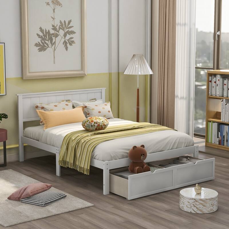 Modern Platform Bed with Under-bed Drawer - White - Full