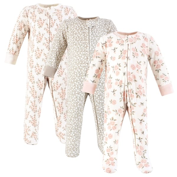 slide 1 of 1, Hudson Baby Girls Cotton Sleep and Play, Pink Taupe Florals 0-3 Months - Pink Taupe Florals