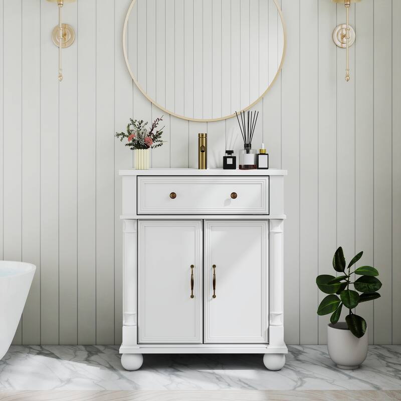 28"/36" Bathroom Vanity with Sink, Integrated Ceramic Basin Vanity Cabinet with Roman Column Base, Solid Wood Frame