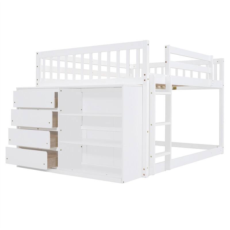 Twin Over Twin/Full Over Full Floor Bunk Bed with Drawers and 3 Storage Shelves, Solid Wood Low Bunk Bed Frame with Ladder