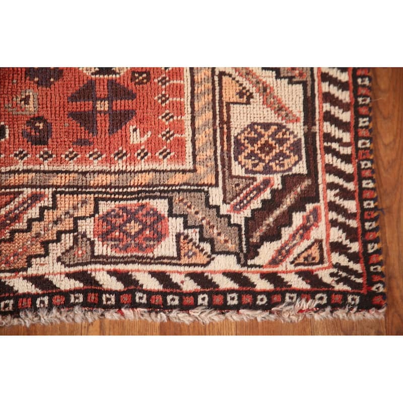 Tribal Shiraz Persian Antique Area Rug Hand-Knotted Coral Wool Carpet - 3'5"x 4'9"