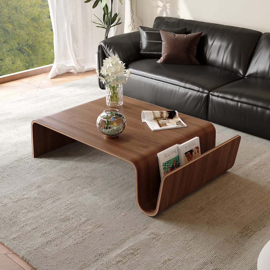 41" Modern Minimalist Brown Coffee Table, Solid Wood Veneer, Retangular Coffee Table for Livingroom