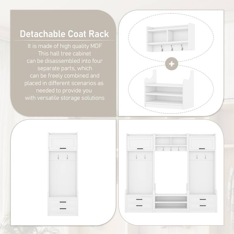 4-in-1 Detachable Hall Tree with Storage and 7 Hooks, Multiple Functions Hallway Coat Rack with Storage Drawers and Cabinet