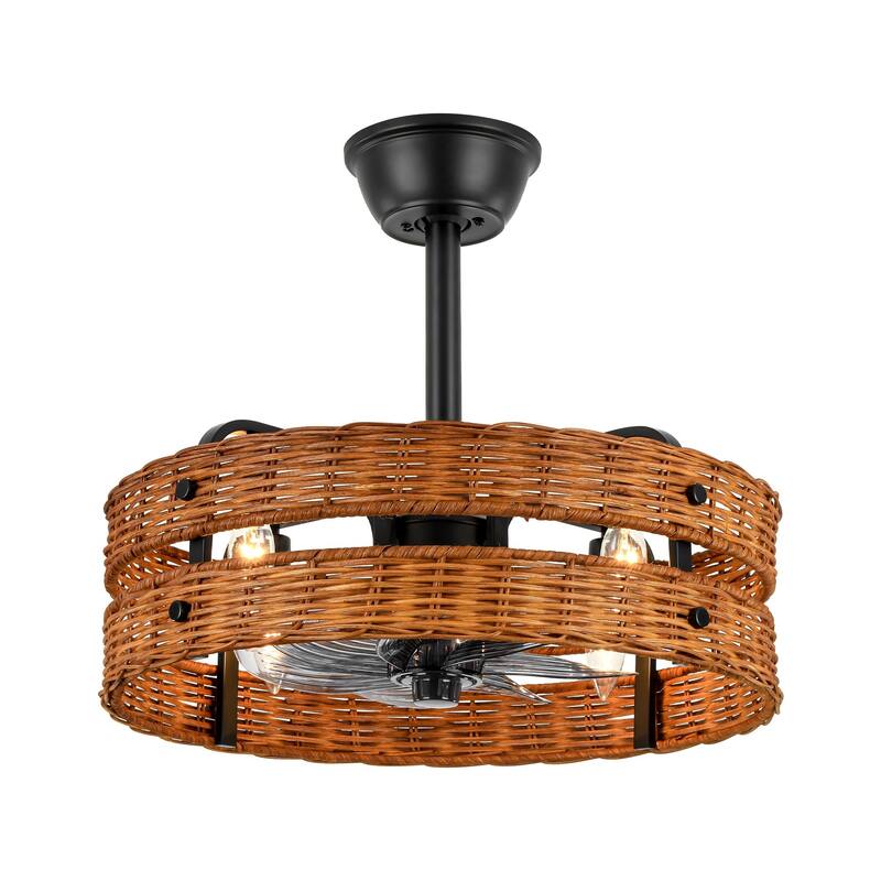 4-Light Farmhouse Brown and Black Woven Rattan Drum Ceiling Fan Lighting with Remote Control - 19.3 in. W x 6.9 in. H