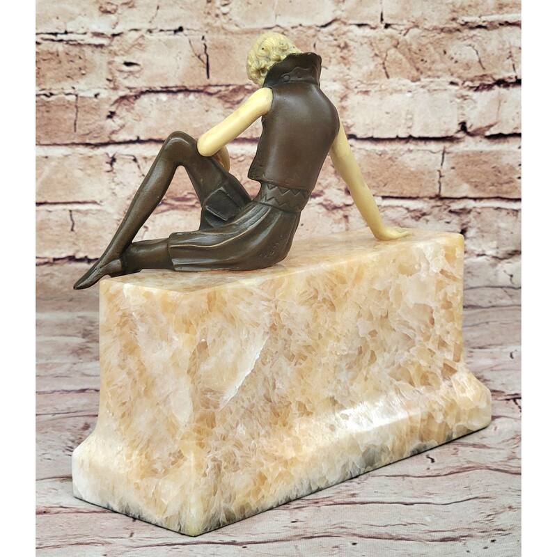 Art Deco Fashion Model Flapper Girl Bronze Figurine Statue Sculpture Marble Base