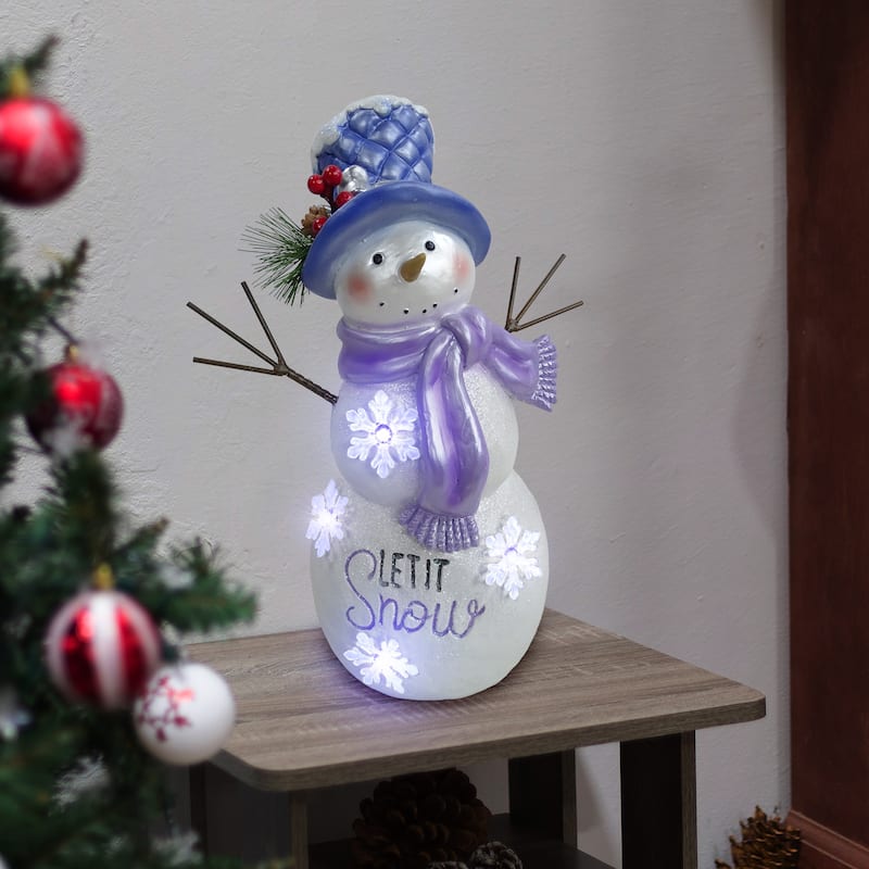 Lavender Winter "Let It Snow" Snowman Statue w/Fading LED-Sm - 14" H