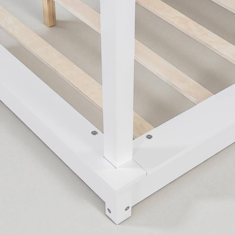 Queen/King White Wood Canopy Platform Bed with LED Lights and Slats, Modern Bedroom Frame No Box Spring Needed