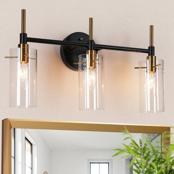 slide 2 of 9, 3-Light Modern Bathroom Vanity Lights Black Gold Wall Sconces with Cylinder Glass - 19.5" L x 6" W x 11" H