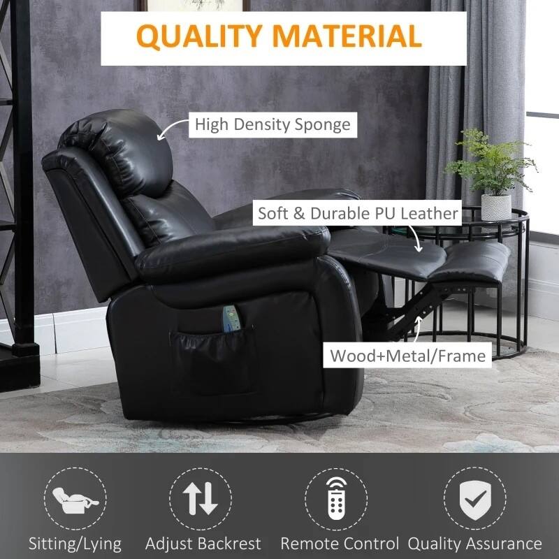 Adjustable Black Faux Leather Remote Massage Recliner Chair w/ Footrest - 34.25"W x 38.25"D x 41"H