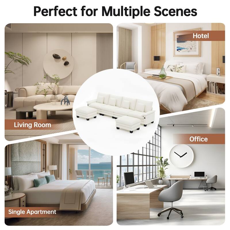 144" Modular Compression Sofa Set Convertible Sectional Sleeper Couch with 2 Ottomans