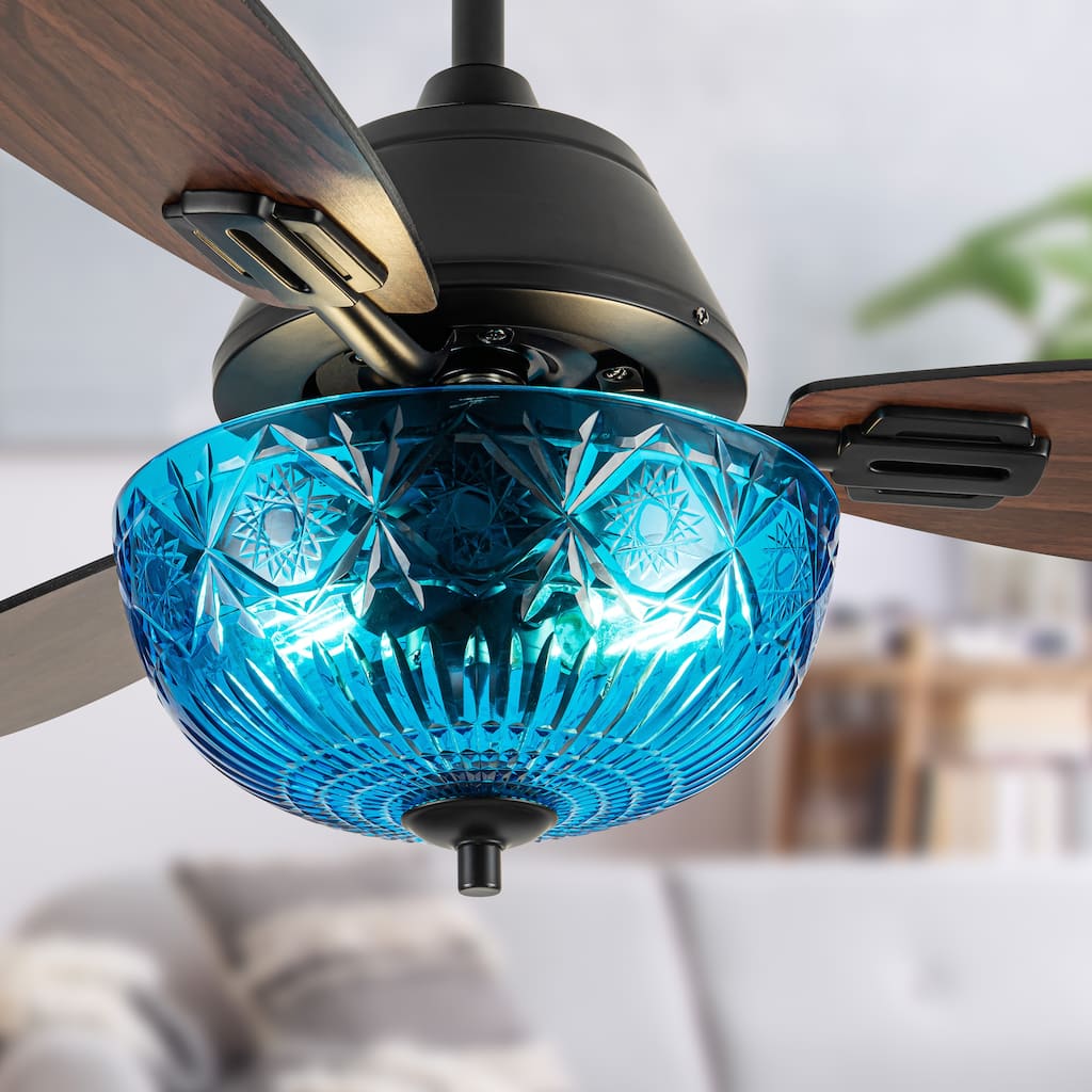 Maisie River of Goods 3-blade 42-inch Modern Indoor Ceiling Fan with Blue Hand-Cut Glass Globe Shade and Remote Control