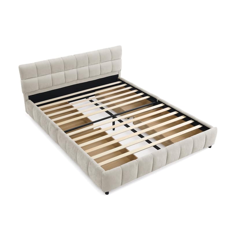 Lattice-shaped Cushion Platform Bed Grounded Bed Upholstered Bed Frame with 4 Drawers and Cozy Headboard No Box Spring Needed