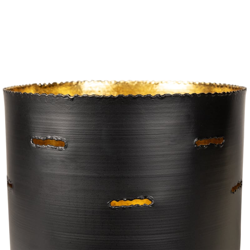 Iron and Foil Pillar Candle Holder with Wooden Base - 8.25" - Antiqued Black and Gold