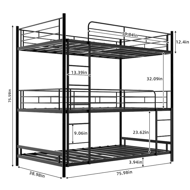 Twin Size Heavy-Duty Triple Frame Bed With Built-In Ladder And Full-Length Railing, No Springs Required, Easy To Assemble