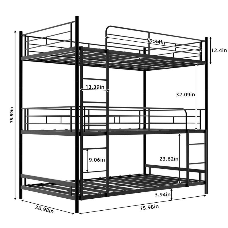 Twin Size Triple Bed Frame with Built-in Ladder and Full-Length Railing for Multiple Kids Children's Room