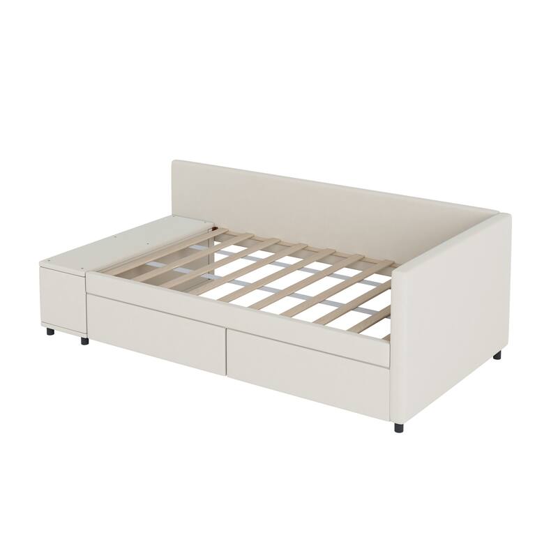 L-Shaped Twin Size Upholstered Platform Bed with Storage Drawers, Beige