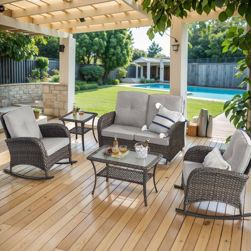Outdoor Glider Sofa Rocker Chairs Table Brown-Beife - Brown - Brown - Beige