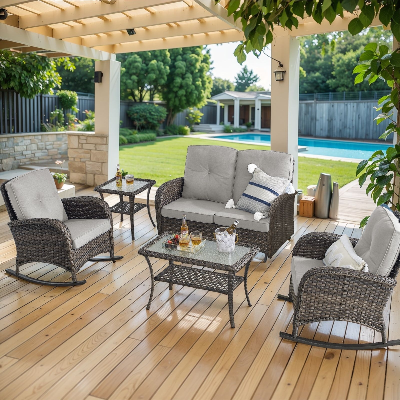 Outdoor Glider Sofa Rocker Chairs Table Brown-Beife - Brown