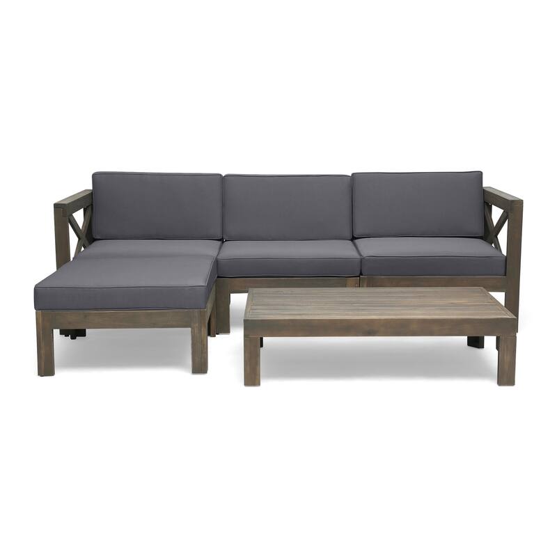 3 Piece Outdoor L-Shape Sofa Set, All-Weather Acacia Wood Conversation Furniture Set with Ottoman and Coffee Table