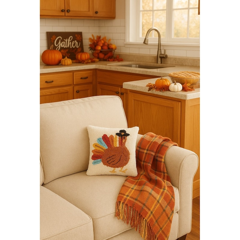 Colorful Turkey Hooked Throw Pillow