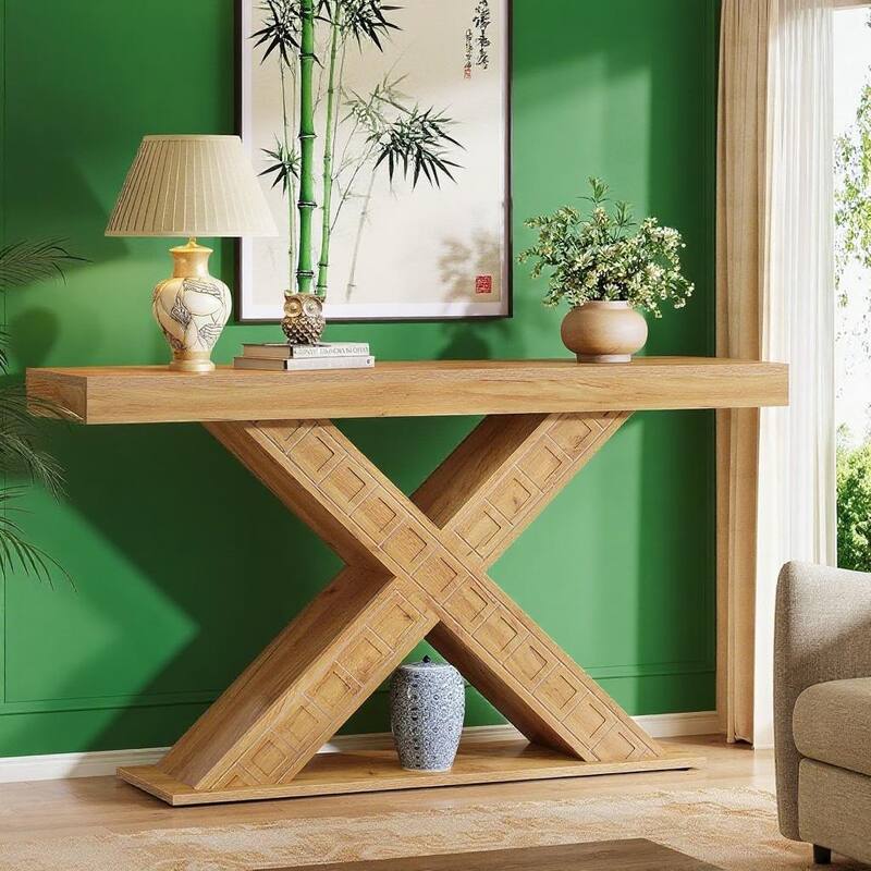 Brown MDF Farmhouse Console Table with X-Shaped Base and Sturdy Top - 55.12” L x 13.78 W x 34.06 H