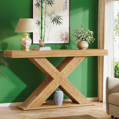 Brown MDF Farmhouse Console Table with X-Shaped Base and Sturdy Top - 55.12” L x 13.78 W x 34.06 H