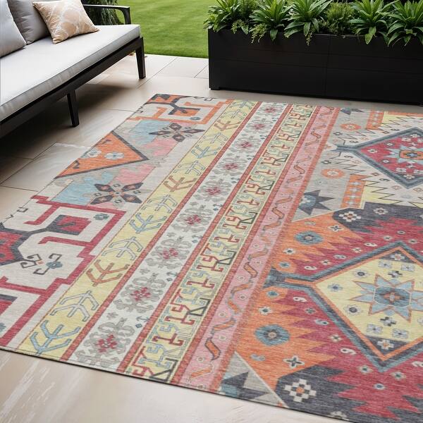 Yellow Aztec Rug 5' X 8' Linen Pink And Yellow Aztec Washable Indoor Outdoor Area Rug ...