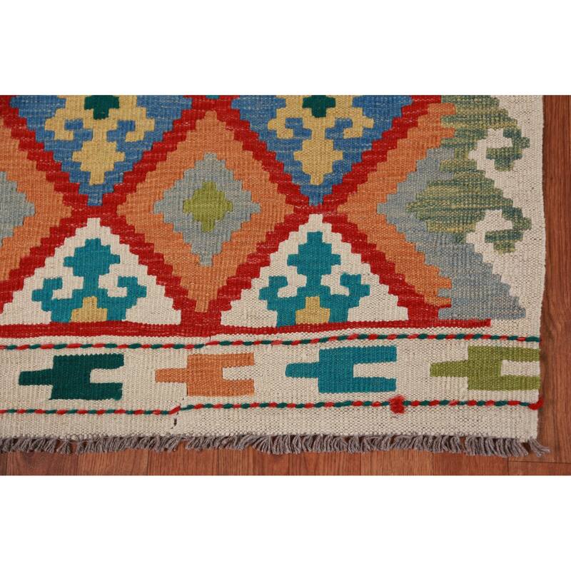 Geometric Kilim Oriental Runner Rug Hand-Woven Wool Carpet - 2'7" x 16'2"
