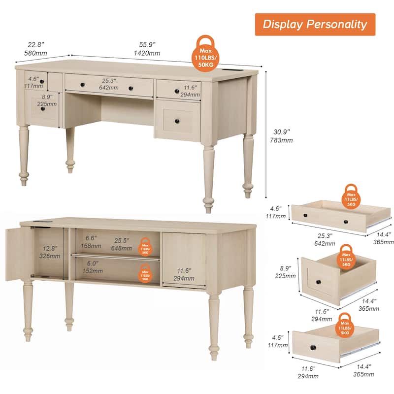 56'' Farmhouse Executive Desk with Drawers White/Oak - 5 Drawers and 2 Doors