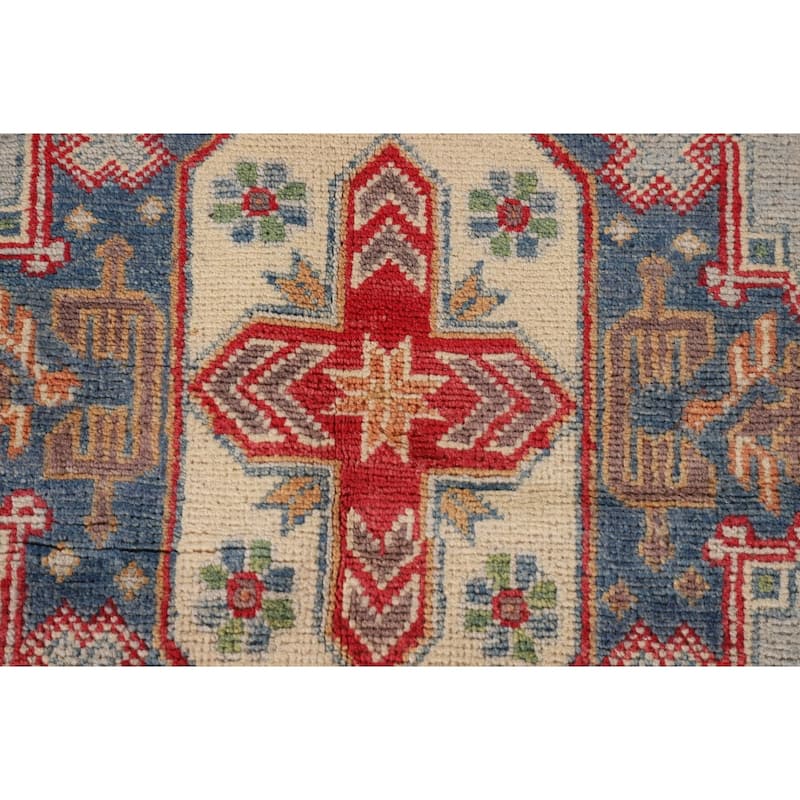 Geometric Grey Kazak Oriental Accent Rug Hand-Knotted Wool Carpet - 3'3"x 4'11"