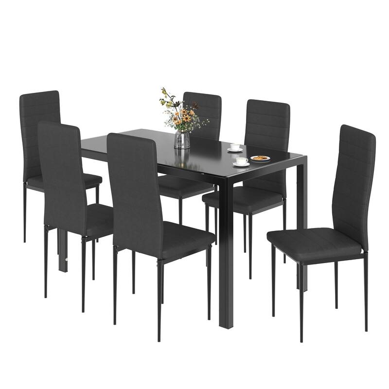 5/7-Piece Glass Top Dining Table Set, Kitchen Table and 4/6 Luxury Faux Leather Chairs, Home Furniture Rectangular Modern, Black