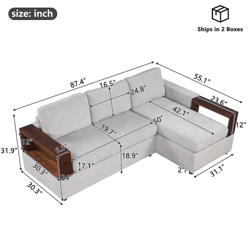 Christopher Knight Home - 87.4" L-Shaped Sectional Sofa with Reversible Armrests and Integrated Chaise Lounge
