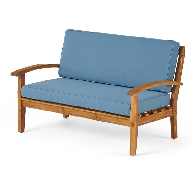 2-Piece Wood Outdoor Patio Loveseat with Coffee Table and Blue Cushion