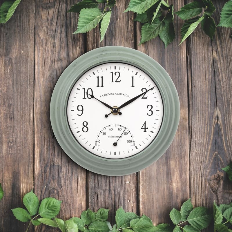 La Crosse Clock 8 In. Outdoor Sage Green Quartz Clock w/ Temp
