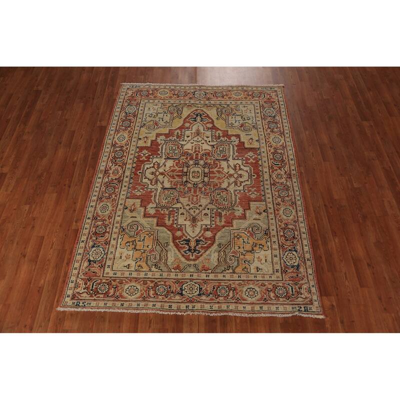 Geometric Heriz Serapi Vegetable Dye Rug Handmade Wool Carpet - 5'0"x 6'10"