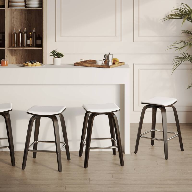 Leather Counter Stool Swivel Square Seat Poplar Wood Frame Iron Foot Rest