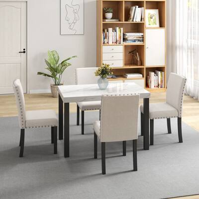 5-Piece Dining Set With Imitation Marble Tabletop Dining Table and 4 Chairs