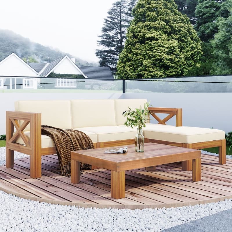 Outdoor Backyard Patio Wood 5-Piece Sectional Sofa Seating Group Set with Cushions - Beige