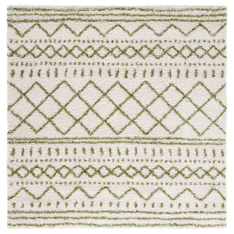 SAFAVIEH Arizona Shag Lotta Moroccan 1.2-inch Thick Rug - 3'2" Square - Ivory/Green - Square